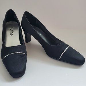 Sateen Black Low Heel Dress Shoes Square Toe Silver Accent Party Office Siren